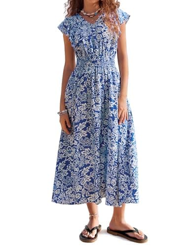 Women's Summer Dress, Casual Floral Boho Maxi Dresses, Flutter Sleeve Long Flowy Beach Vacation Sundress(Blue/White, XL) - Image 1