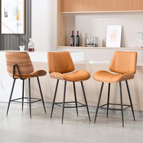 BERYTH Counter Height Barstools Set of 3, 26.9" Armless Stools with Metal Legs, Walnut Pub Chair in Modern Style,PU Leather Bentwood Bar Chair for Home Counter, Kitchen Dining Island,Cafe(WhiskyBrown) - Image 1