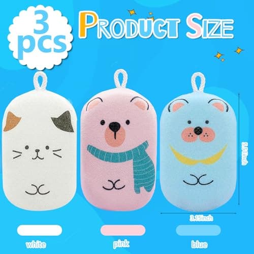 JieLiLeHome Baby and Kids Bath Loofah Sponge, Soft and Absorbent Toddler Exfoliating Body Scrubber Shower Loofa Sponge,Cute Pattern Design for Kids Baby Women Boys and Girl, 3 Pack (Bear/Dog/Cat) - Thumbnail 4