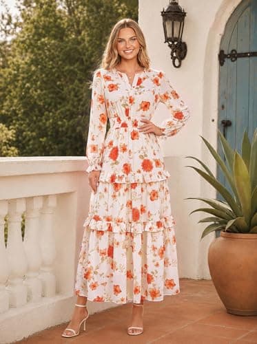 GRACE KARIN Women's Floral Long Sleeve Maxi Dress 2026 V Neck Fall Wedding Guest Outfits Boho Flowy Dresses with Pockets Orange Floral L - Thumbnail 2