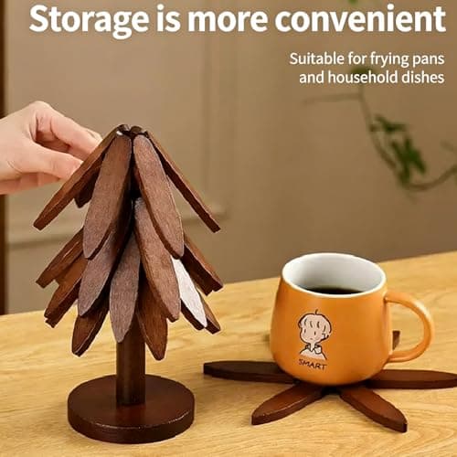 Wooden Trivets for Hot Dishes, Tree Shape Trivet Set, 4 Wooden Trivets + 1 Stand, for Hot Dishes, Pot, Bowl, Teapot, Hot Pot Holders(Walnut Wood) - Thumbnail 3
