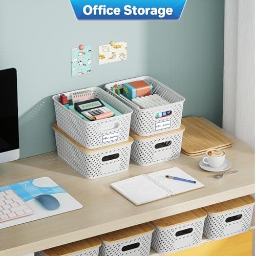Anysig 8 Packs Plastic Storage Bins with Bamboo Lids - Stackable Storage Bins Decorative Small Basket Containers for Organizing Shelves Office Classroom Desktop Closet, Cream White - Thumbnail 6