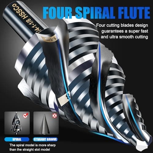Four Spiral Flute M35 Step Drill Bit Set 1/4" - 1-1/8”(15 Sizes), 3/8" Shank for Metal Step Drill bit, Impact Resistant Cobalt Step Drill Bit, for Stainless Steel, Wood, Aluminum, Plastic - Thumbnail 4