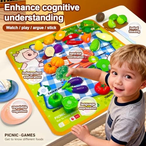 Zymari Pretend Play Food for Kids Kitchen with Pattern-Matching Felt Board, Cutting Toy Food with Storage Bag, Fake Fruit Learning Toys for Toddlers Boys Girls,Gift for Children Birthday (Vegetables) - Thumbnail 3