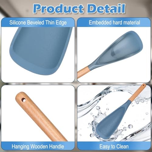 Cooking Spoon Set for Non-Stick Cookware - Wooden Handle & Multifunction Cooking Spoon Spatula, Heat-Resistant Kitchen Utensils for Stirring, Mixing, Serving (1 PACK, BLUE, 11.4) - Thumbnail 3