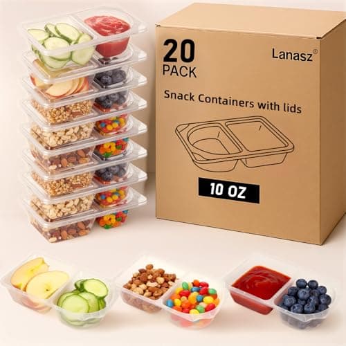 Lanasz 20 Sets 10oz Reusable Snack Containers with Lids – Double Compartment Snack Pack Containers,Plastic Container for Sauce Snack – Snacks Box Meal Prep Travel - Image 1