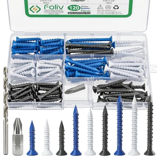 FOLIV 120PCS Concrete Screws with Drill Bit and Hex Bit Socket, 3/16" Blue/Black/White Flat Head Concrete Screws Anchor Kit for Masonry, Cement, Block, Brick or Stucco - Image 1