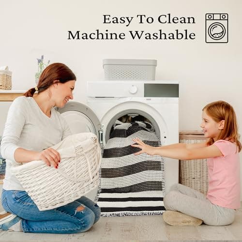 MatEssenz 2x4ft Waffle Bath Mat, Water Absorbing Bath Mat Nonslip Fast Drying Soft Foot Feeling Long Bathroom Rug for Bathroom, Machine Washable Runner Rug withTassels, Black and White Stripes - Thumbnail 6