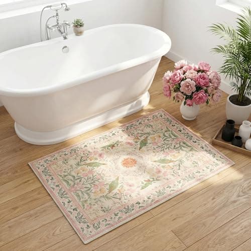 Cnythlis 2'x3' Boho Small Area Rug, Washable Non-Slip Silicone Backing Door Mat, 0.26" Low Pile Faux Wool Foldable Rug for Entryway Bathroom Kitchen Indoor Decor, Garden Pink - Thumbnail 3