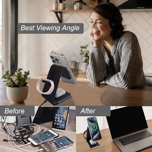 Yukrilt Magnetic Wireless Charger, 3 in 1 Charging Station with Nightlight, for Apple Magsafe iPhone 16/15/14/13/12, iWatch Series, AirPods Charger Stand(15W Adapter) - Thumbnail 6