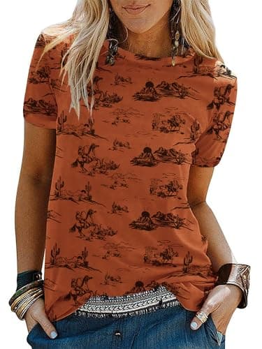 Women's Western Graphic Tees Summer Short Sleeve Rodeo T Shirts Crew Neck Casual Cute Cowgirl Tops Outfits Maroon - Image 1