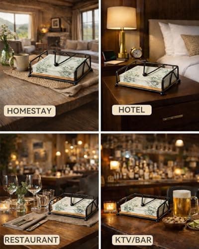 Elegant Flat Napkin Holder with Weighted Arm - Rustic Metal & Wood Paper Napkin Dispenser for Dining Table, Office, Home, Countertop, Bar - One-at-a-Time Dispensing, Holds up to 50 Napkins (BLACK) - Thumbnail 5