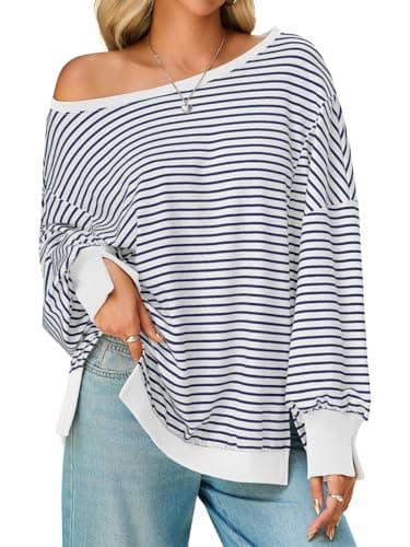 Tankaneo Womens Striped Oversized Sweatshirt Off The Shoulder Lantern Long Sleeve Top Split Fall Trendy Pullover 2025 White - Image 1