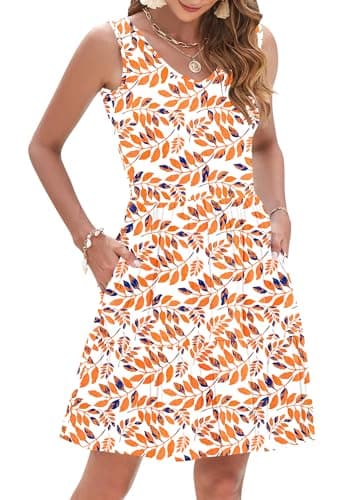 AUSELILY Womens Summer Dresses 2026 Casual Sleeveless Sundress Beach Vacation Flowy Tiered Short Dresses with Pockets Orange Leaf 2XL - Image 1