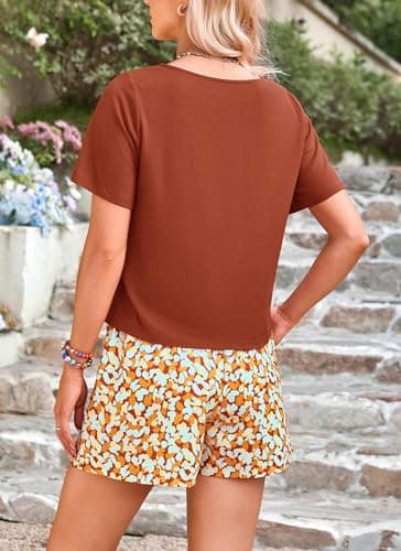 PRETTYGARDEN Women's Summer 2 Piece Outfits Lounge Sets Short Sleeve Tee Shirts Tops Blouses Pockets Printed Shorts Tracksuit (Brown,Small) - Thumbnail 2