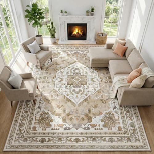 Cnythlis Extra Large Washable Area Rug Living Room Rug 9’x12’, Vintage Medallion Non Slip Water Resistant Faux Wool Carpet for Bedroom Dining Room Office, 0.26" Low Pile, Beige & Ivory - Thumbnail 2