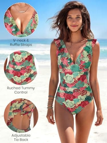 Pleneal Women's Ruffled One Piece Swimsuit V Neck Tummy Control Bathing Suit for Women, Lace Up Slimming Swimwear Full Coverage, Retro Rose Print-S - Thumbnail 4