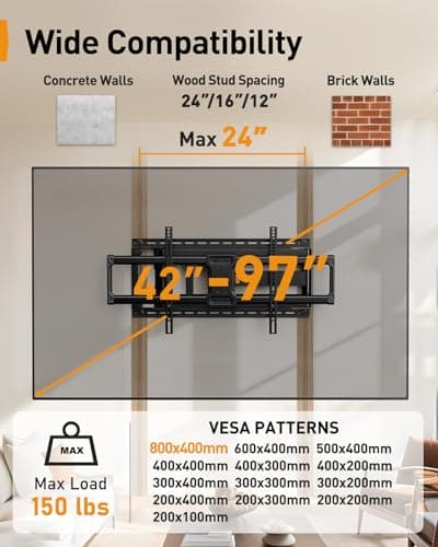 Perlegear Long Arm Full Motion TV Wall Mount for 42–97 Inch TVs up to 150 lbs, Pre-Assembled TV Mount with Full Swivel, Tilt and Extension, Fits 8″/12″/16″/24″ Wood Studs, Max VESA 800x400mm, PGXLF02 - Thumbnail 2
