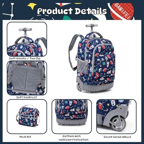 BAMIFEI 18 Inch Rocket Rolling Backpack for Kids, Rocket Roller Backpacks Kids Backpack Carry On Wheeled School Backpack, Spacious Multiple Compartments Quiet Wheels Travel Backpack for Boys - Thumbnail 4