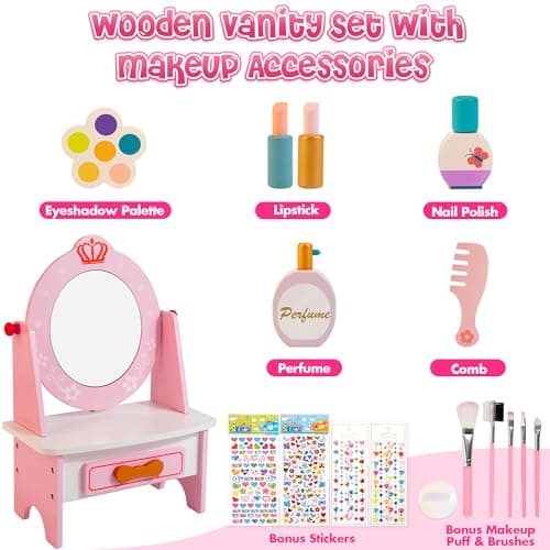 Wooden Vanity Set for Kids, Pretend Play Toddler Makeup Vanity with Acrylic Mirror, Beauty Salon Play Set for Little Girls Age 3+, Toys Gifts Includes Makeup Accessories and Bonus Stickers - Thumbnail 2