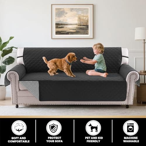 PrinceDeco Reversible Quilted Sofa Cover, Extra Large Water Resistant Couch Covers for 3 Cushion Couch Sofa, Furniture Protector, Washable Couch Cover with Non Slip Straps(Oversized Sofa, Black/Gray) - Thumbnail 3