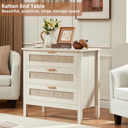 LEYAOYAO 31.5" Wide Rattan Night Stand, Large Boho Nightstand, Bedside Table with Storage, Tall Bed Side End Tables, Chest of Drawers for Bedroom, Living Room, Hallway（Grey,3 Drawers,2） - Thumbnail 6