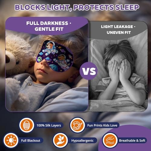 Kids Silk Sleep Mask: 100% Mulberry Silk Eye Mask with Adjustable Strap, Soft Blackout Boys Girls Sleeping Mask, Cute Printed Blindfold for Travel/School/Bed, Gift for Ages 5–15 (Space Cat Style) - Thumbnail 4