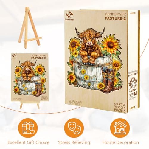 Wooden Puzzles for Adults, Sunflower Pasture Wood Puzzles Adult, Unique Animal Shaped Wooden Jigsaw Puzzle, Creative Birthday Gifts for Friends/Family/Puzzle Lovers, Home Decor(M-11.4 * 10.4in 195pcs) - Thumbnail 6
