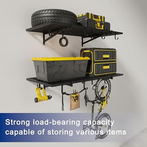 HDDFER 2-Pack 2x4ft Garage Shelving Wall Mounted, 24x43 inch Wall Shelf Heavy Duty Garage Storage Shelves Floating Shelves with Hooks, 500LB Capacity - Thumbnail 3