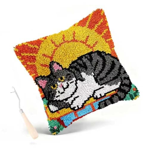 Miaceito Cute cat Latch Hook Kits for Adults Beginners,DIY Pre-Printed Latch Hook Pillow Kits Includes Wooden Hook Tool,17x17 Inch Home Decor Sofa Cushion Gift for Mom - Image 1