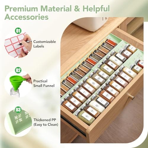 Expandable Spice Drawer Organizer (11"-22"), 3-Tier Slanted Kitchen Cabinet Rack with Labels & Funnel, Adjustable for Standard & Tall Bottles, Versatile for Bathroom & Office – Jars Not Included - Thumbnail 5