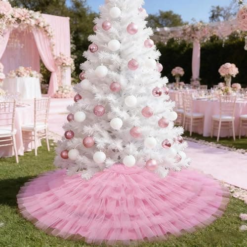 Ivarunner Pastel Pink Tulle Valentine's Day Tree Skirt 48 Inch, Large Ruffle Christmas Tree Skirt for 7.5 FT Trees, 6-Layer Elegant Wedding Baby Shower Tree Mat, Pink Coquette Preppy Room Decorations - Thumbnail 6