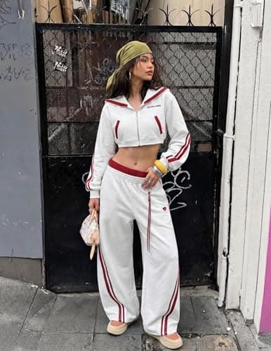 Aelfric Eden Cropped Contrast Stripe Zip Up Hoodie Y2K Long Sleeve Crop Sweatshirts Casual Hooded Jacket Grey X-Small - Thumbnail 2