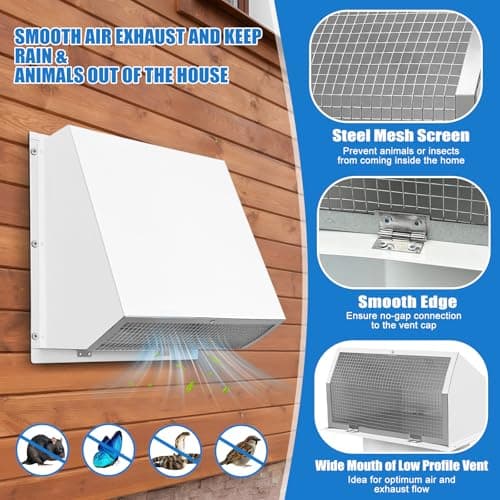 10 Inch Hood Wall Vent Exhaust Vent Dryer Vent Cover Outside Galvanized Steel for Kitchen Range Hood HVAC Dryer Duct,White - Thumbnail 3