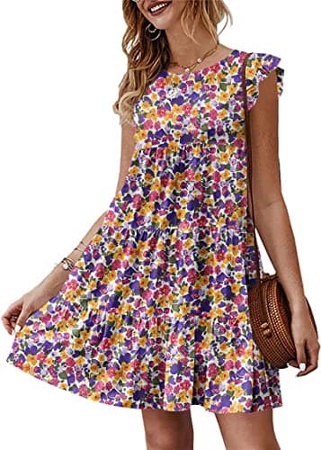 KIRUNDO Womens Dresses 2026 Cute Summer Sleeveless Boho Floral Mini Beach Sundress Ruffle Sleeve Round Neck Loose Short Flowy Pleated Babydoll Dress, Floral3-white Purple, X-Large - Image 1