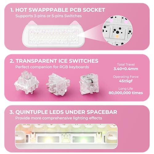 XVX C67 Wireless Mechanical Keyboard Cute Design, 60% Gaming Creamy Keyboard Custom QMK/VIA, BT5.0/2.4G/USB-C Mode, Hot Swappable Linear Switch RGB Backlits, Gasket Mount for Win/Mac(AcriCat, Pink) - Thumbnail 6