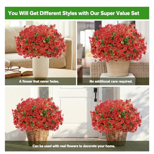 LetuoClips Artificial Flowers Fake Plants for Outdoors Spring Decoration, 13Bundles Silk Realistic UV Resistant Faux Flowers for Outside Planter Porch Yard Patio Garden Home Indoor, Red - Thumbnail 5