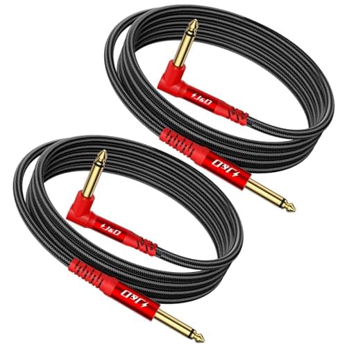 J&D Guitar Cable 2Pack, 1/4 Inch TS Instrument Cable, 6.35mm Cord for Electric Guitar, Bass, Keyboard, Amplifier, Speaker, Right Angle to Straight, Red, 15 Feet - Image 1