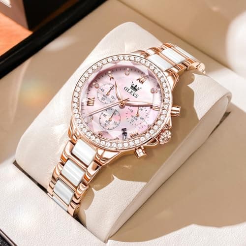 OLEVS Women's Rose Gold Watch Luxury Pink Mother of Pearl Dial Waterproof Ceramic Stainless Steel Bracelet Elegant Ladies Chronograph Watch Quartz Diamond Bezel Fashion Gift Her reloj para Mujer - Thumbnail 2