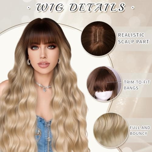 Potoki Ombre Blonde Wig With Bangs Natural Looking Long Curly Wavy Synthetic Wigs For Women Heat Resistant Synthetic Fiber Wigs for Daily Party Use 26 Inches(Ombre Dirty Blonde) - Thumbnail 4