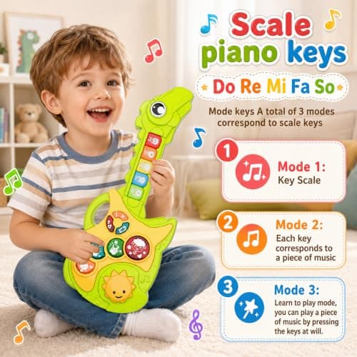 Toys for 1-3Year Old Boy Gift,2-in-1 Electric Guitars,12-18 Month with Spanish Animal Sound and Light Dinosaur Musical Guitar Piano Toys,Learning Educational Gift for Toddlers - Thumbnail 6