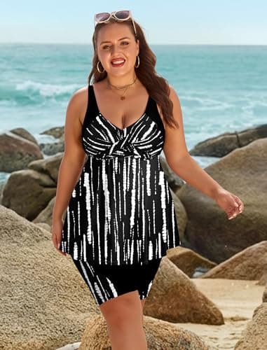 Arolina Plus Size Swimsuit for Women Modest Two Piece Bathing Suit with Shorts Push Up Swim Top Black Stripes (18W) - Thumbnail 2