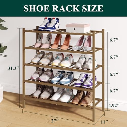 Smiry Bamboo Shoe Rack for Closet, 5 Tier Wooden Stackable Shoe Organizer, Free Standing Shoes Storage Shelf for Entryway, Front Door Entrance, Walnut - Thumbnail 2