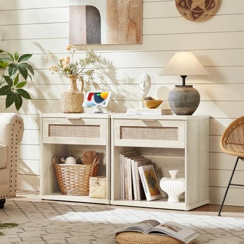 LEYAOYAO Rattan Nightstand with Charging Station, Grey White Night Stand with Drawer, 23" Wide Boho Bedside Table with Storage Shelf, Bed Side End Tables for Bedroom, Living Room, Hallway - Thumbnail 4