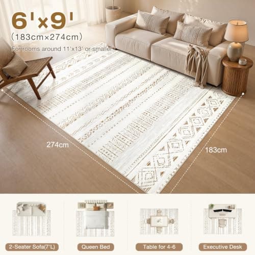 cotiled 6x9 Area Rug for Living Room, Washable Non-Slip Large Area Rug, Indoor Floor Carpet Low Pile Soft Boho Farmhouse Rug for Bedroom Dining Room (Brown Cream,6'x9') - Thumbnail 2