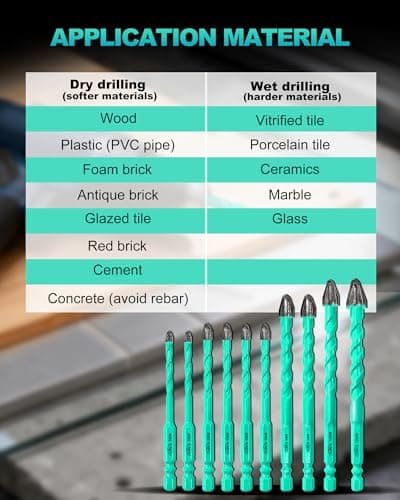 LEKOMESH 10PCS Carbide Masonry Drill Bit Set, 1/4"–1/2", 4-Cross 9-Edge Tip for No Walking & Precise Drilling, Hex Shank Multi-Material Bits for Tile, Ceramic, Brick, Concrete, Glass, Wood - Thumbnail 6