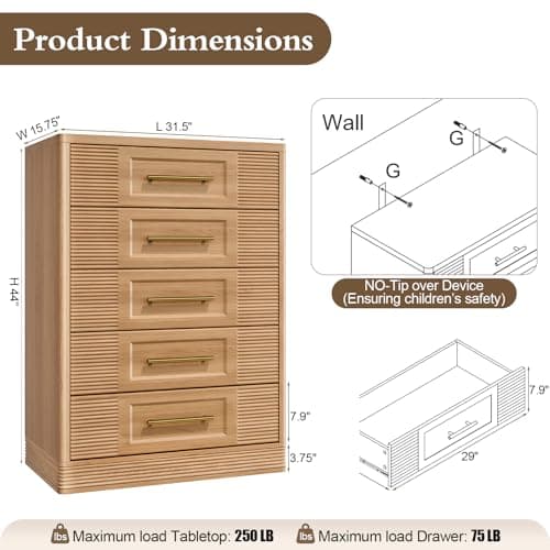 RECHHX Farmhouse 5 Drawers Dresser for Bedroom, 44" Tall Modern Chest of Drawers, Wooden Thermoformed Curved Dresser Organizer for Bedroom, Living Room, Natural Oak - Thumbnail 2