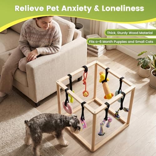 GGNT Puppy Play Gym for Small Dogs, Wooden Indoor Dog Playground with Hanging Toys, Interactive Puppy Gym & Jungle Gym for Enrichment (17.3 inch) - Thumbnail 6