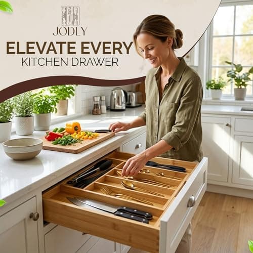 JODLY Bamboo Kitchen Utensil Drawer Organizer for Silverware | 100% Natural Expandable 14-20 Inch Kitchen Drawer Organizers for Utensils | Non-Slip Base | Screwed Joints for Long-Lasting Durability - Thumbnail 5