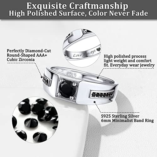 Bestyle Men's Classic Black Onyx Band Ring Gemstone Ring Platinum Gold Plated Silver Wedding Engagement Anniversay Fashion Promise Band Ring, Size 8 - Thumbnail 6